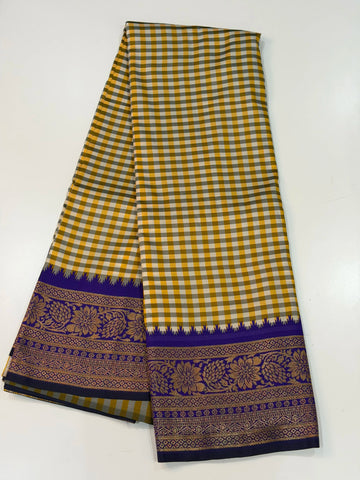 Semi Gadwal Madras Checks Floral Border Yellow