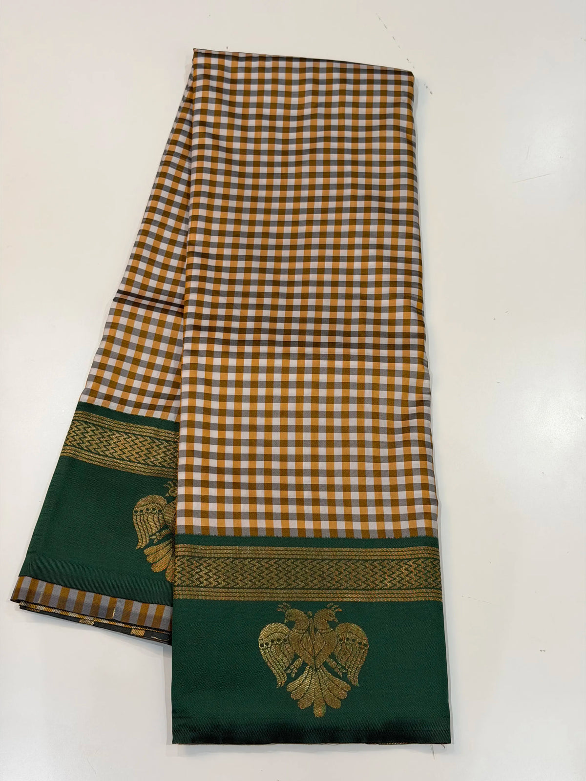 Semi Gadwal Madras Checks Gandaberunda Design Musturd