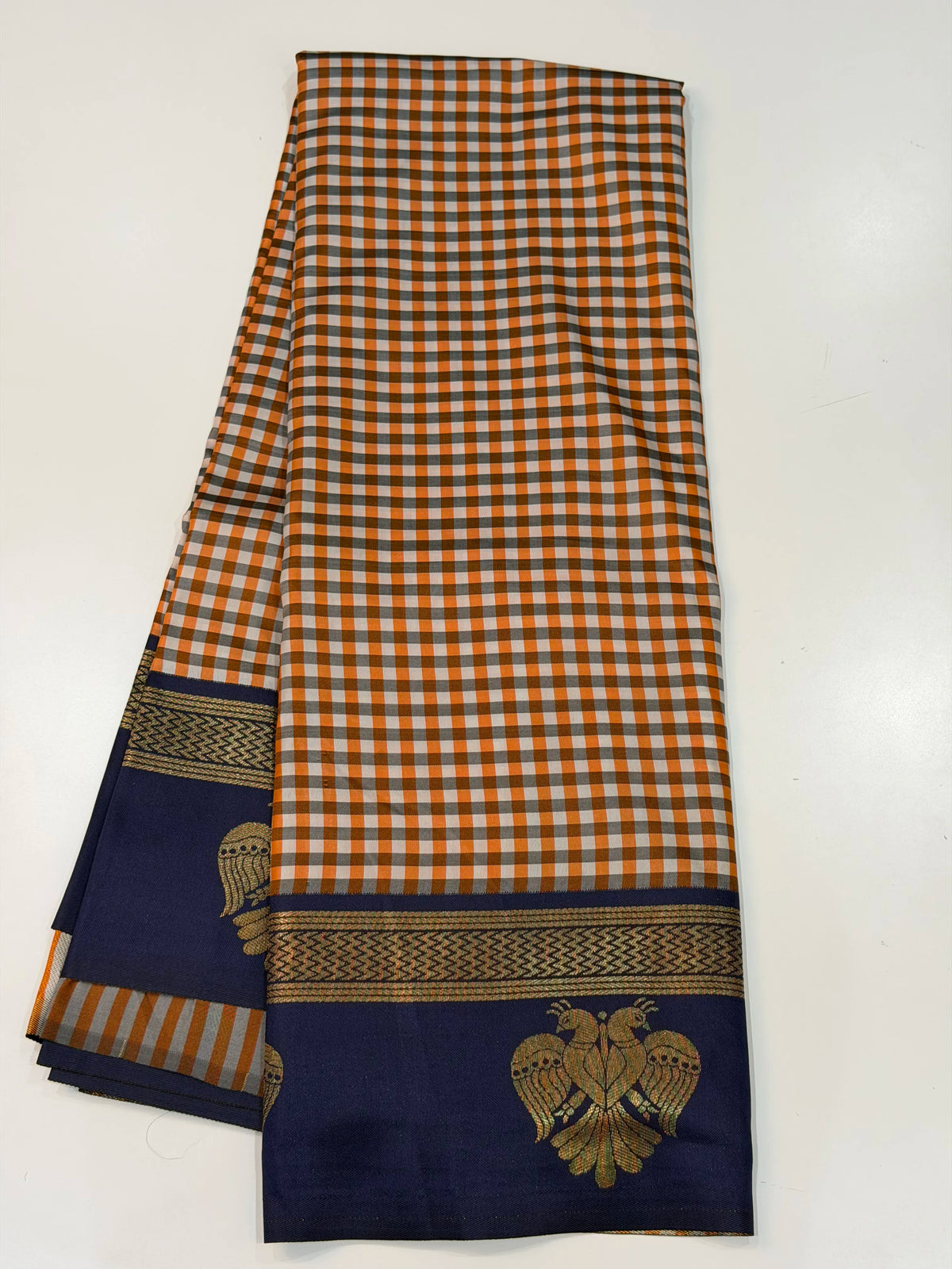 Semi Gadwal Madras Checks Gandaberunda Design Orange