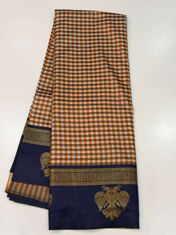 Semi Gadwal Madras Checks Gandaberunda Design Orange