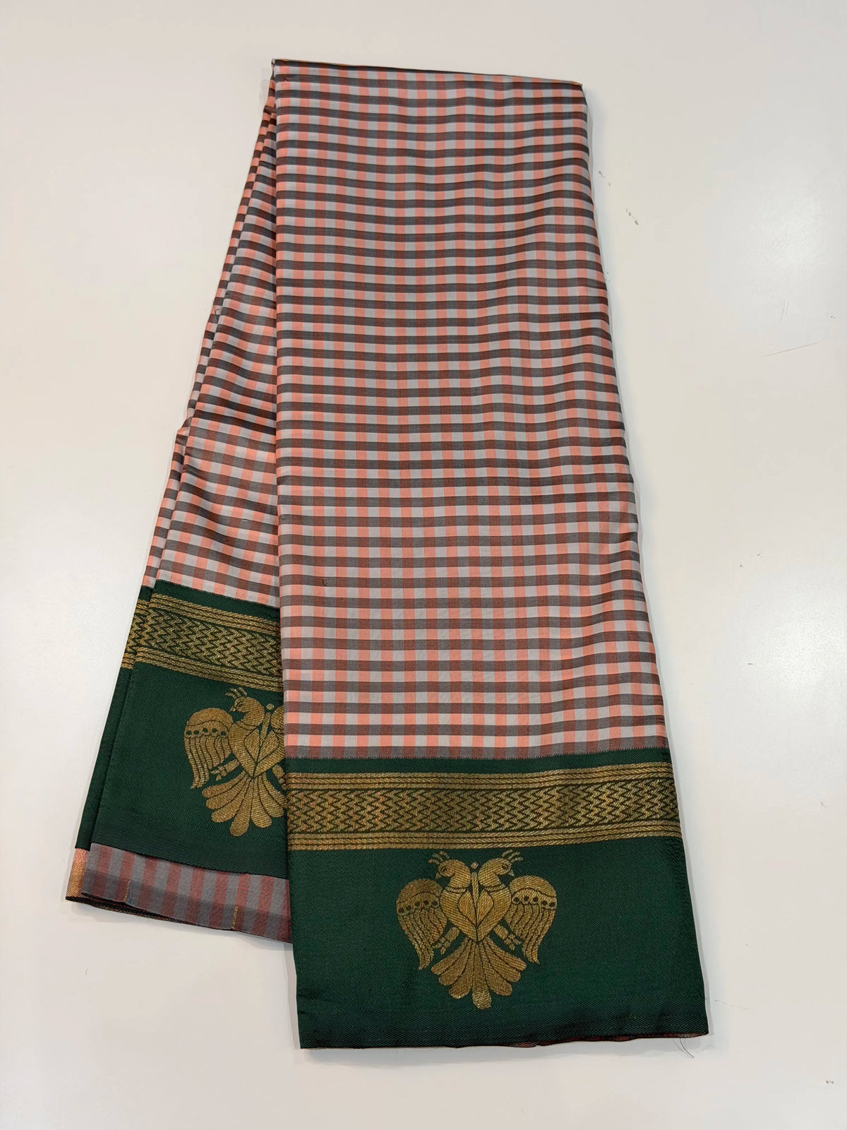 Semi Gadwal Madras Checks Gandaberunda Design Peach