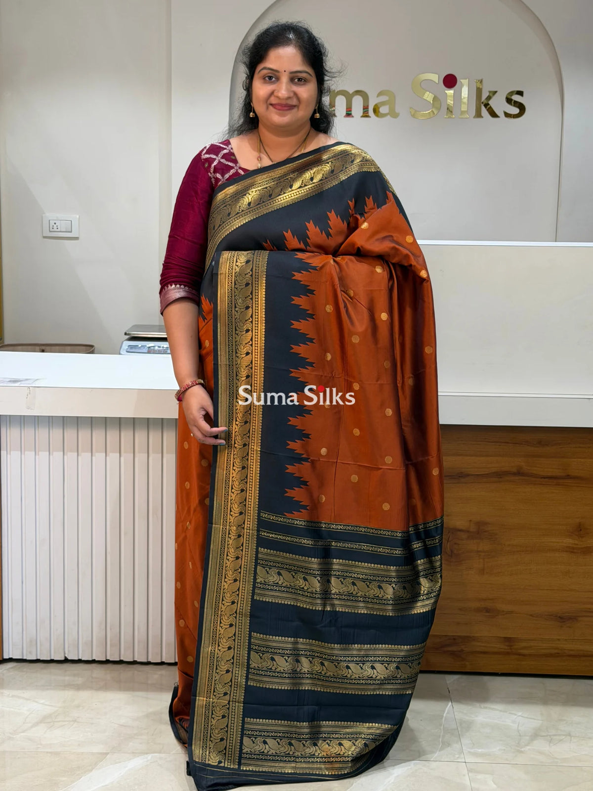 Semi Gadwal Temple Design Rust Orange Color Saree