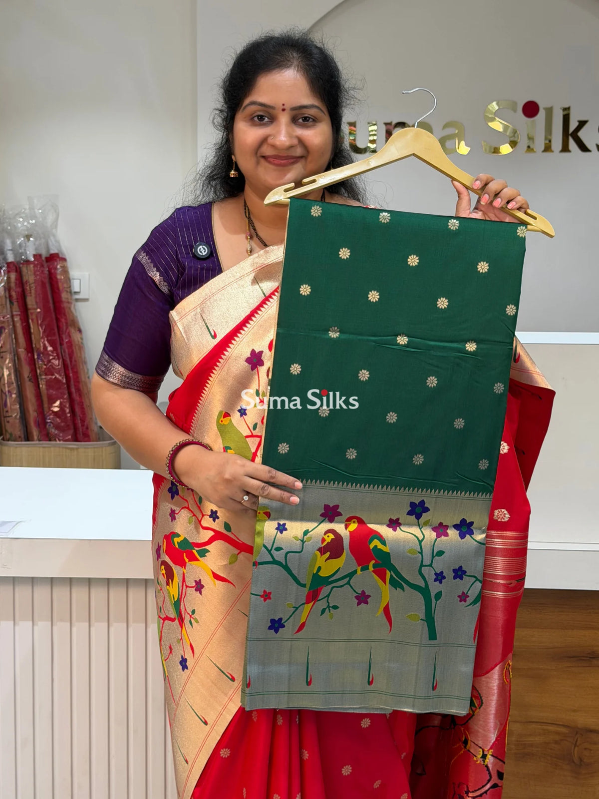 Semi Paithani Soft Silk Bottle Green Color