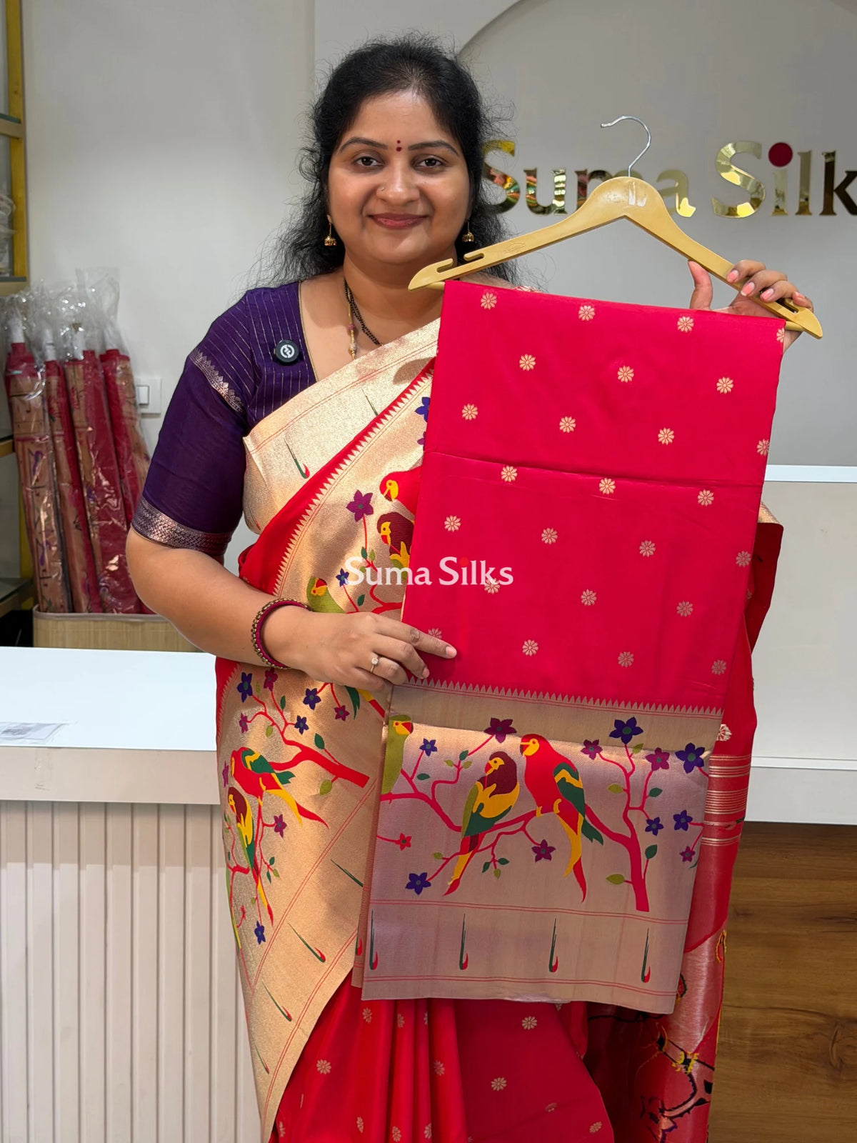 Semi Paithani Soft Silk Rani Color