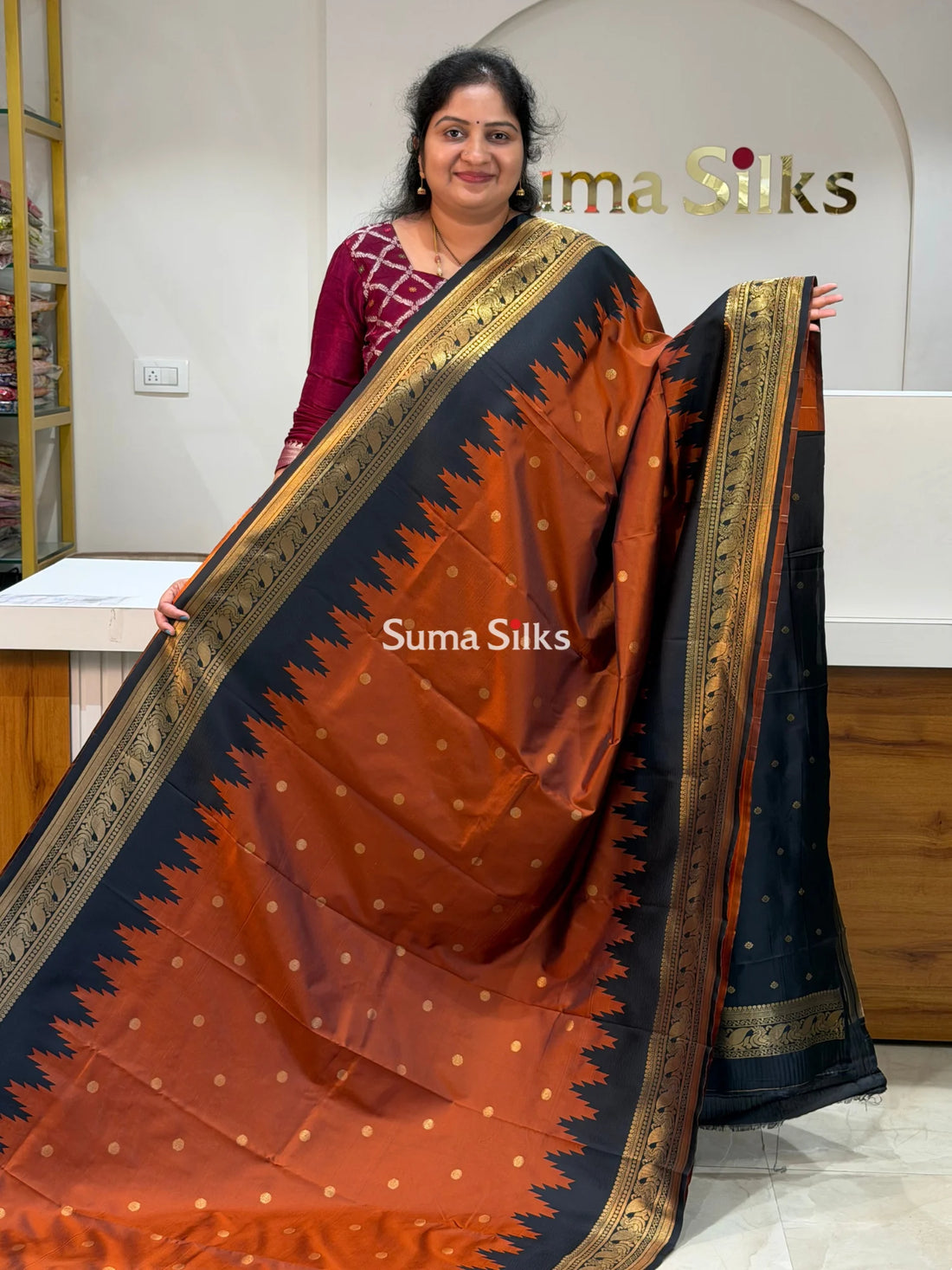 Semi Gadwal Temple Design Rust Orange Color Saree