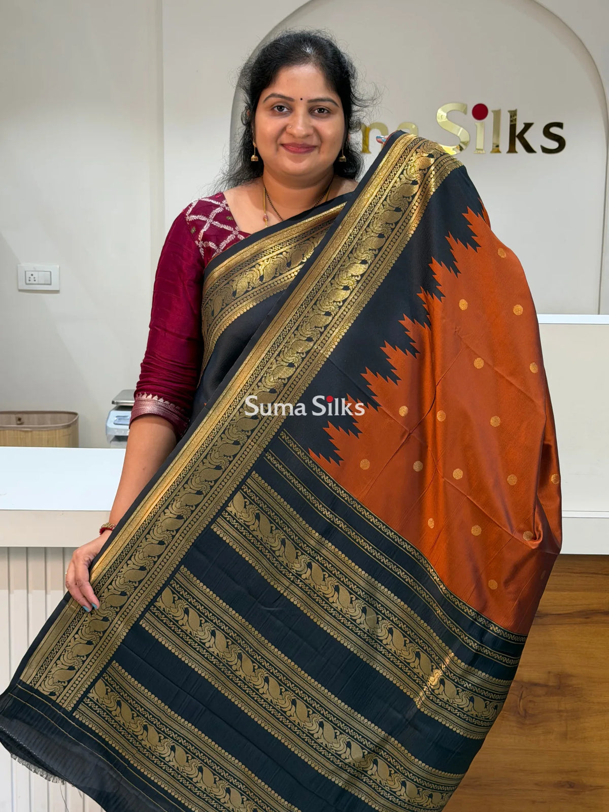 Semi Gadwal Temple Design Rust Orange Color Saree