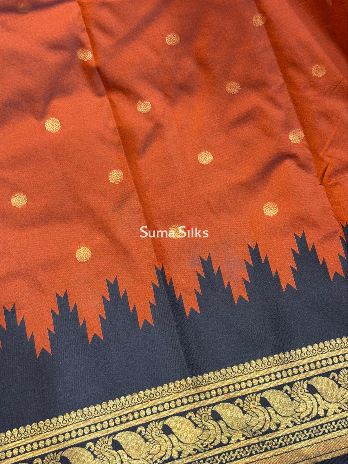 Semi Gadwal Temple Design Rust Orange Color Saree