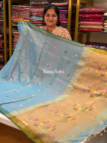 Tissue Jamdani Sarees Blue Color