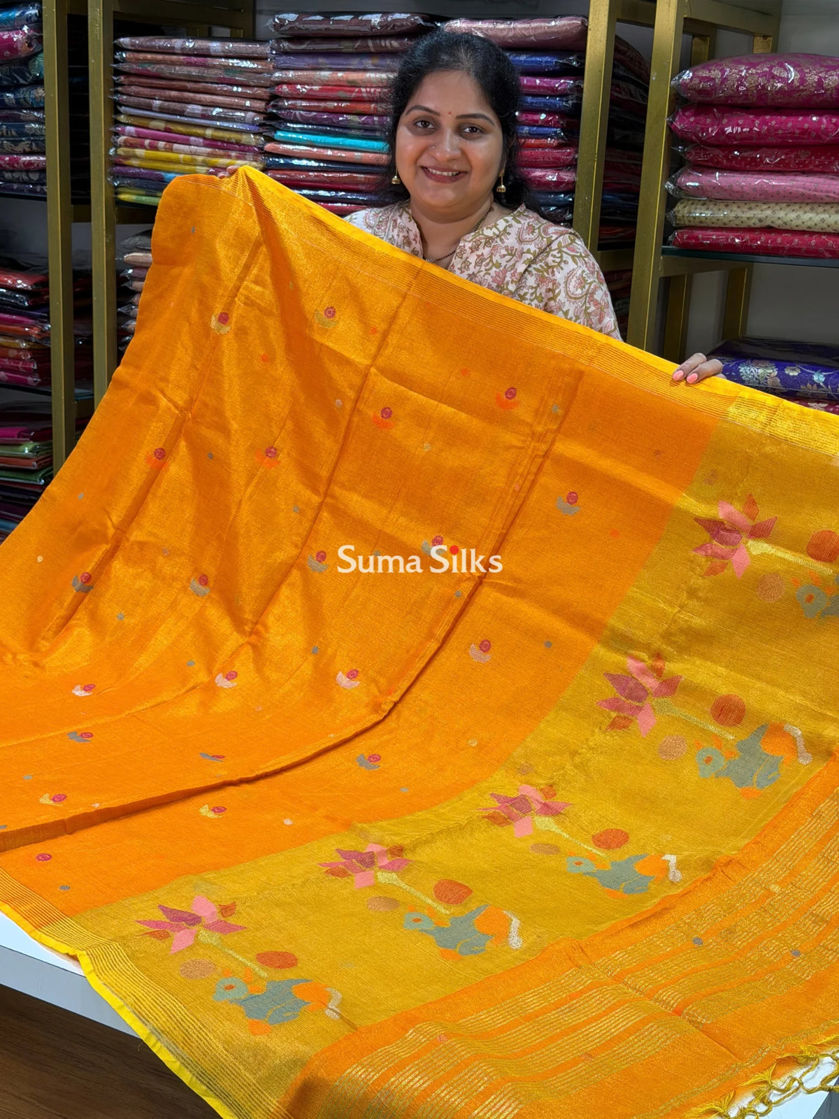 Tissue Jamdani Sarees Light Orange Color