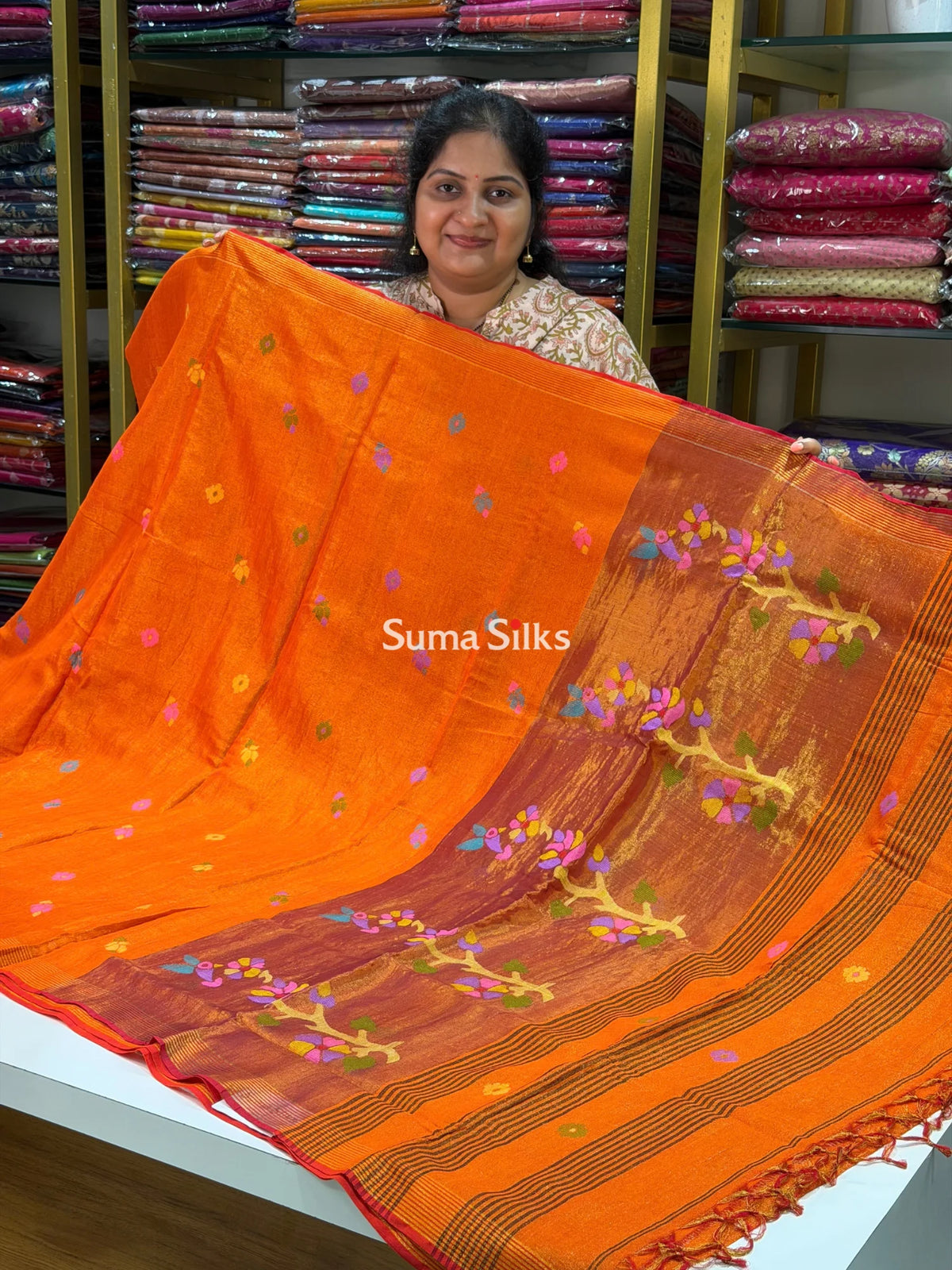 Tissue Jamdani Sarees Orange Color