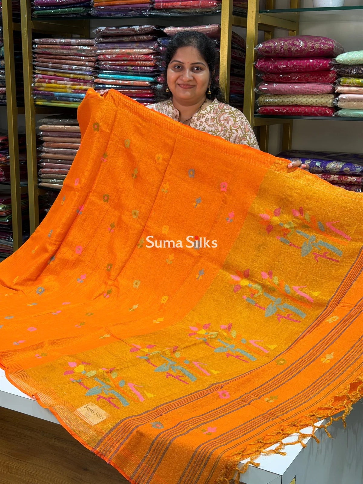 Tissue Jamdani Sarees Orange Color