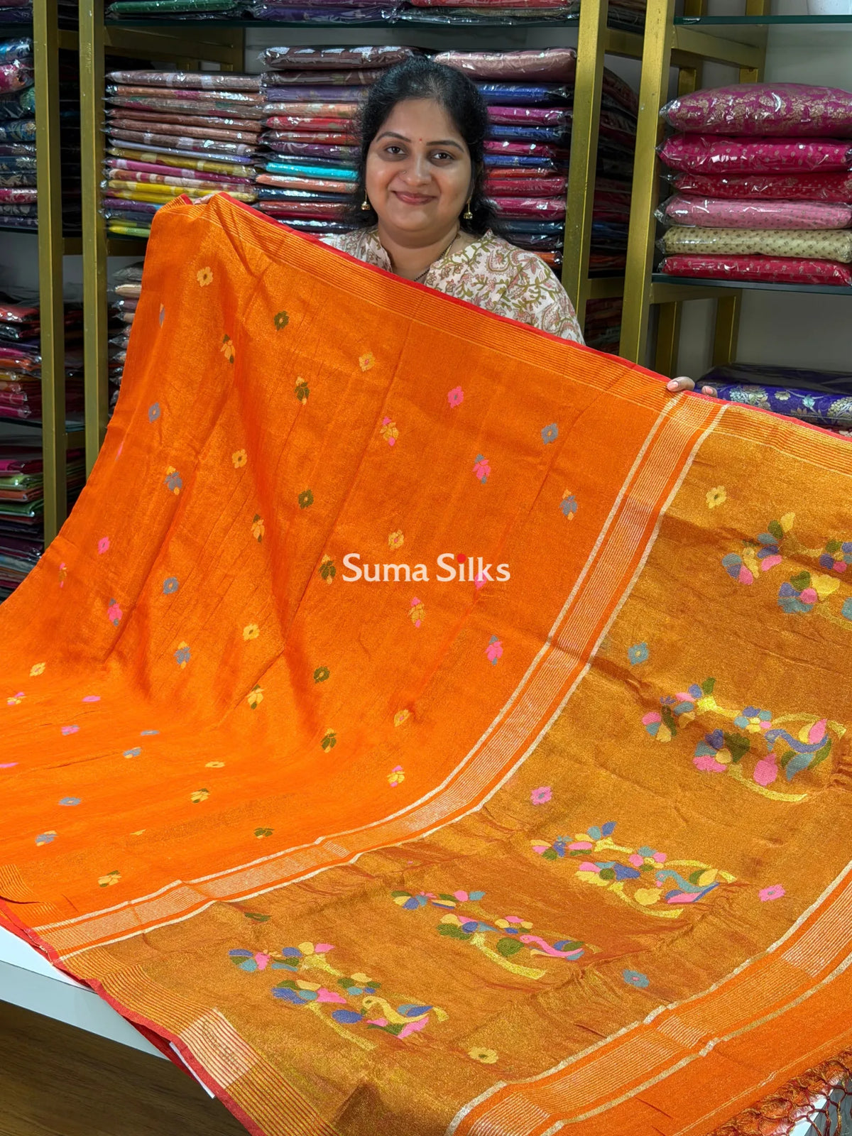 Tissue Jamdani Sarees Orange Color