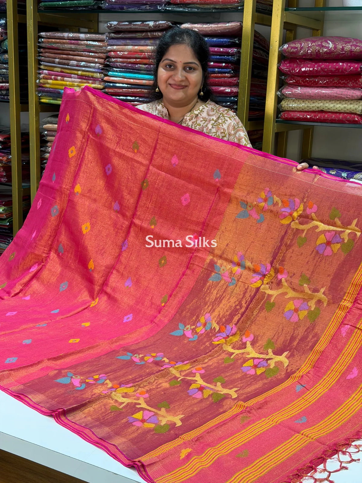 Tissue Jamdani Sarees Pink Color