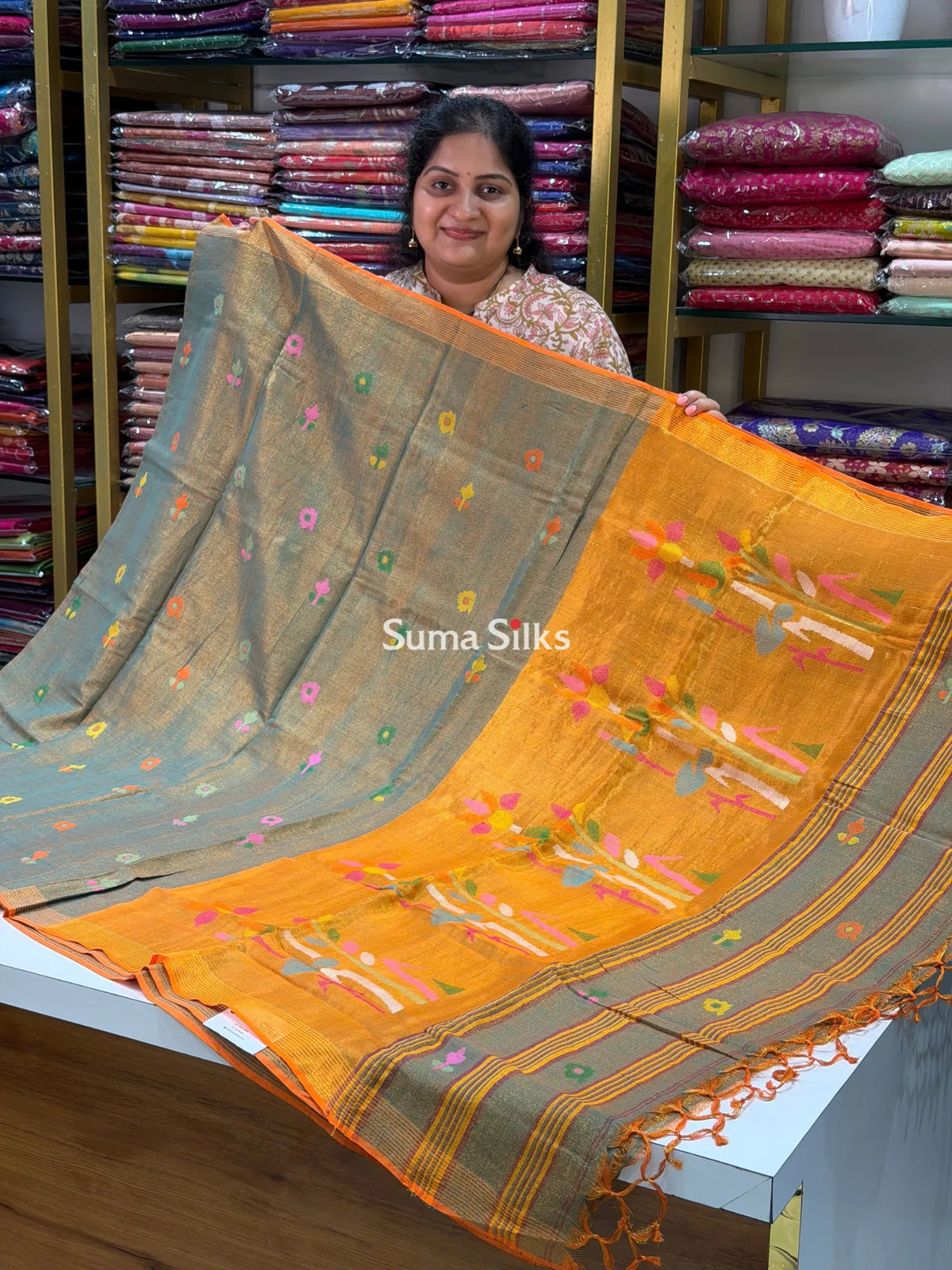 Tissue Jamdani Sarees Rama Green Color