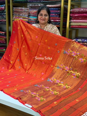 Tissue Jamdani Sarees Red Color