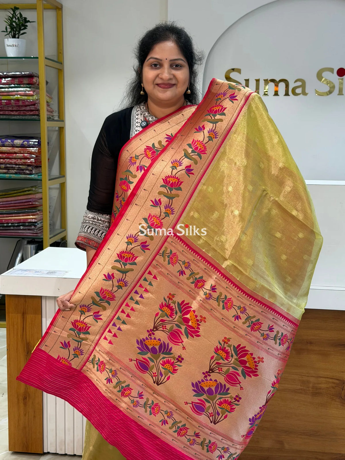 Tissue Paithani Flower Design Parrot