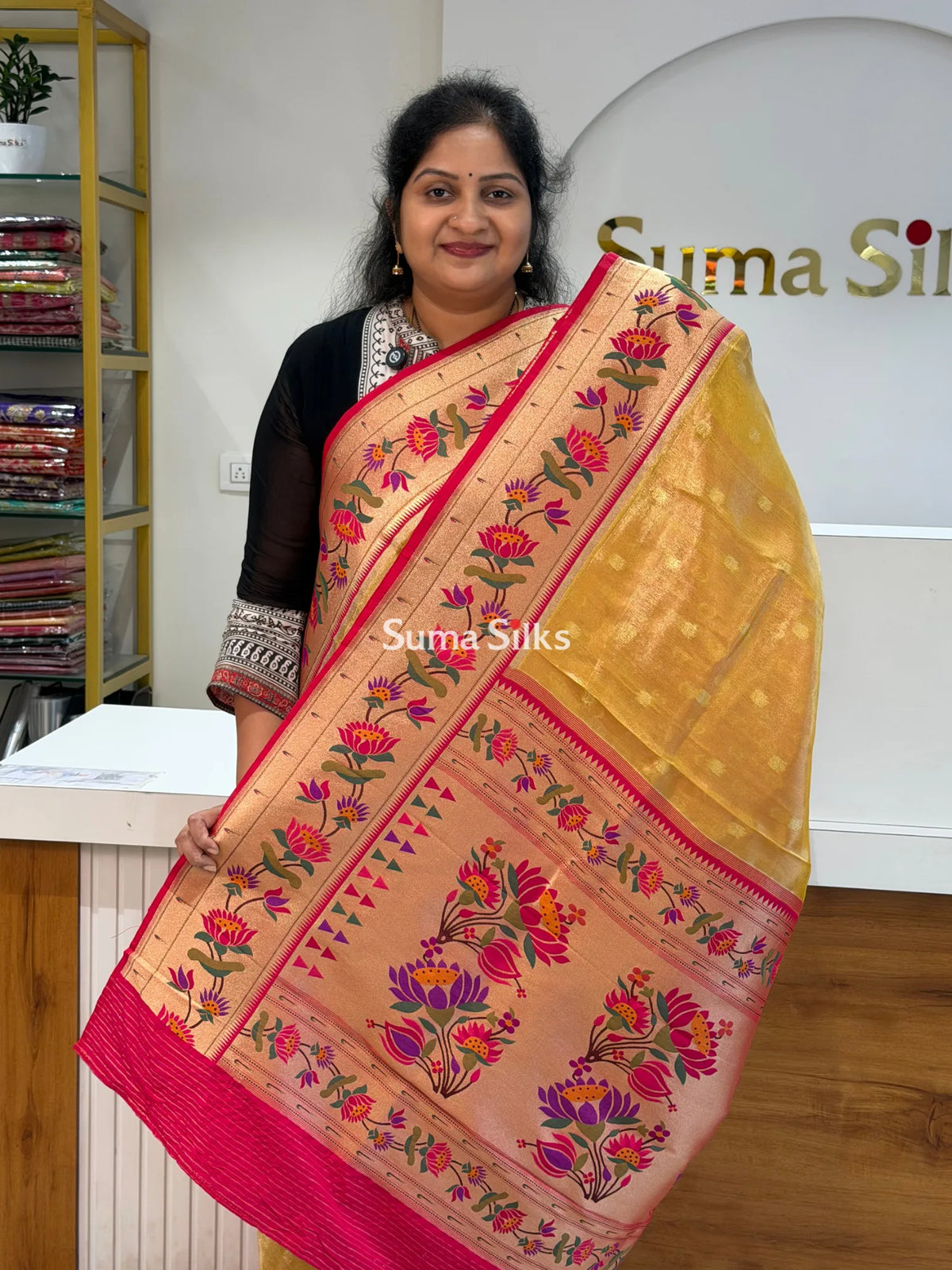 Tissue Paithani Flower Design Yellow