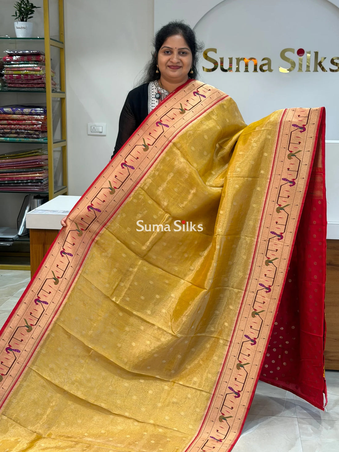 Tissue Paithani Peacock Design Musturd