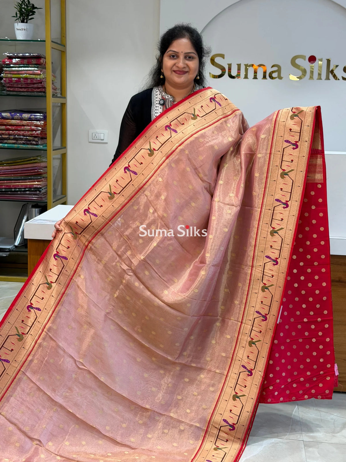 Tissue Paithani Peacock Design Onion Pink