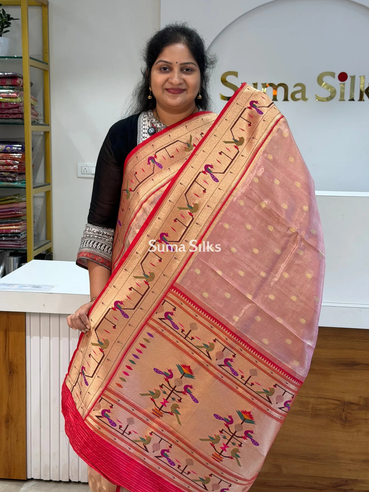 Tissue Paithani Peacock Design Onion Pink