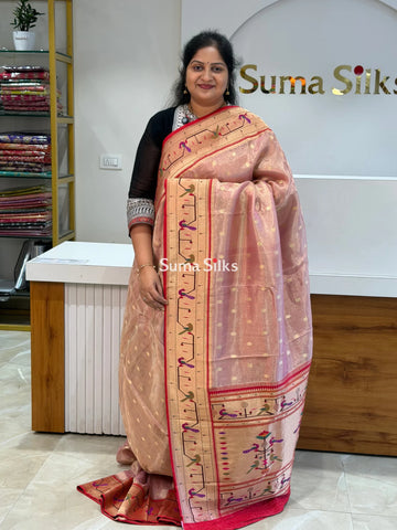 Tissue Paithani Peacock Design Onion Pink